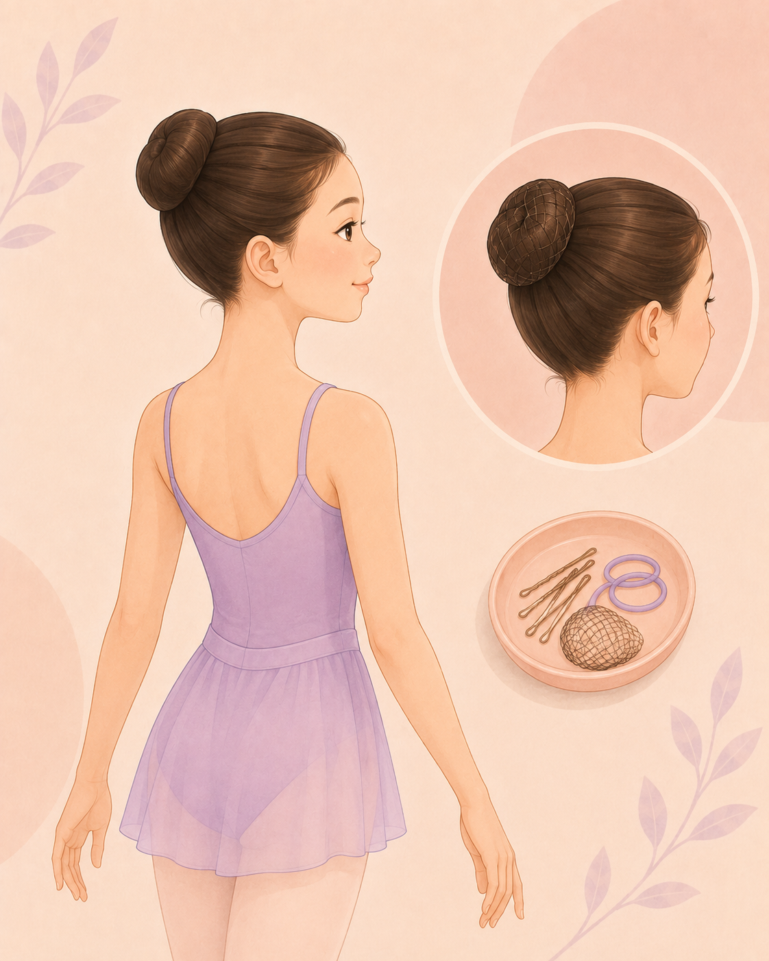 Cartoon illustration showing a ballet bun and bun accessories