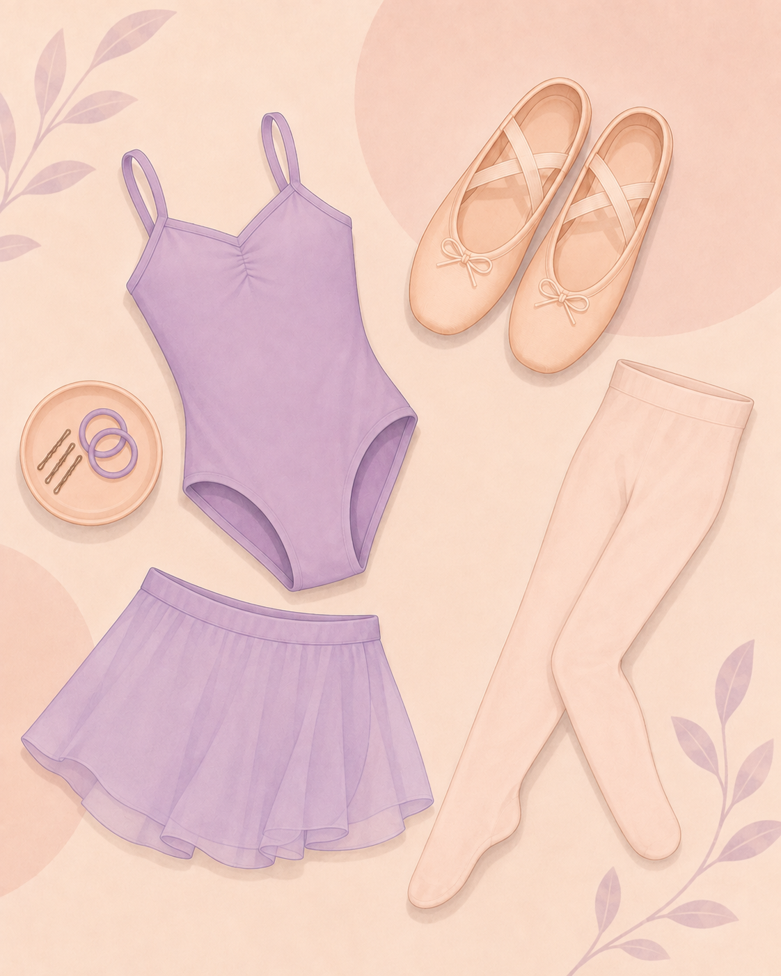 Cartoon illustration of simple dancewear essentials including leotard, ballet skirt, ballet tights, ballet shoes and hair accessories