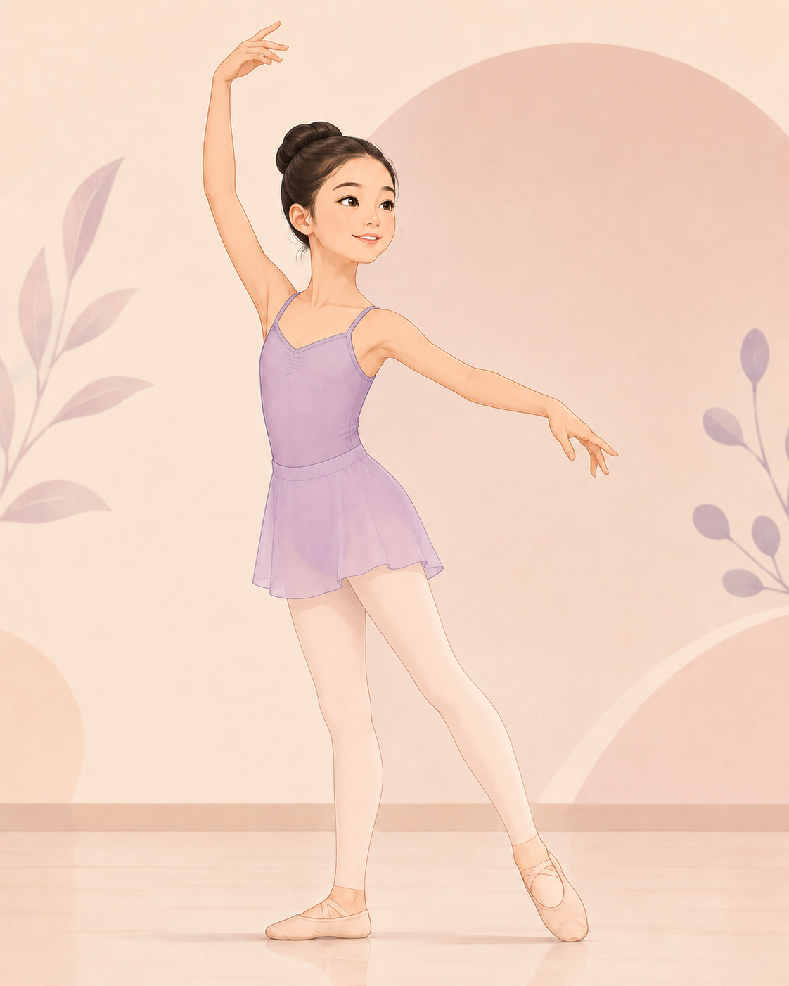 Cartoon illustration of a young dancer in class practice wear with ballet skirt and ballet tights